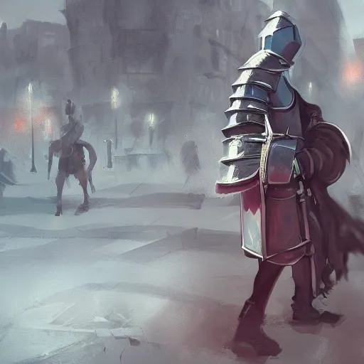 Image similar to a medieval knight lost in shibuya crossing, concept art, digital painting, stylized, trending on artstation