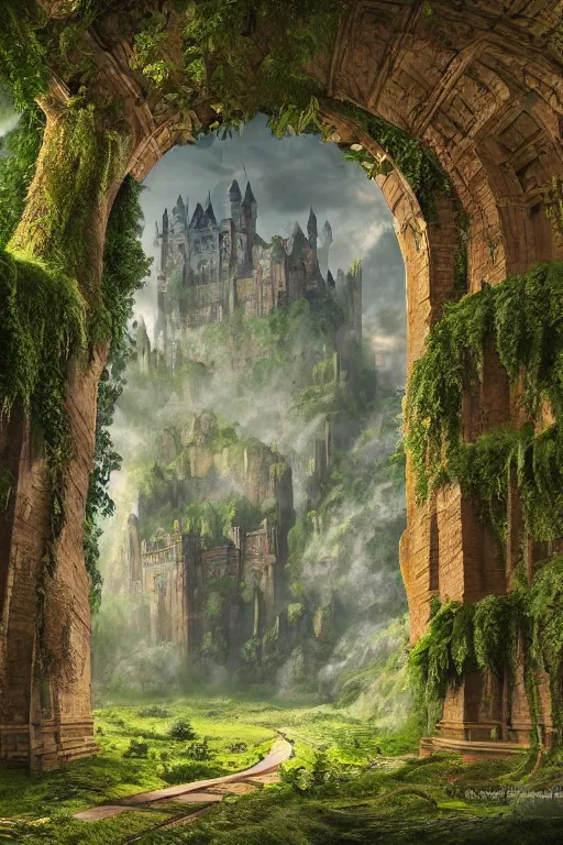 Image similar to gigantic castle, arches adorned pillars, towers, archways, gnarly trees, lush vegetation, forrest, landscape, alex ross, neal Adams, david finch, , concept art, matte painting, highly detailed, rule of thirds, dynamic lighting, cinematic, detailed, denoised, centerd