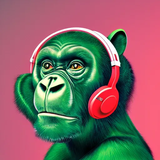 Image similar to a high quality photo of a green chimp wearing headphones, realism, 8k