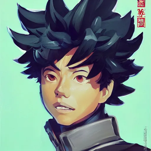 Image similar to greg manchess portrait painting of izuku midoriya as overwatch character, medium shot, asymmetrical, profile picture, organic painting, sunny day, matte painting, bold shapes, hard edges, street art, trending on artstation, by huang guangjian and gil elvgren and sachin teng