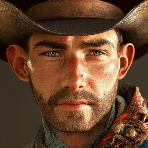 Prompt: a portrait of a cowboy in 2 0 7 0, intricate, highly detailed, digital painting, artstation, concept art, smooth, sharp focus, illustration, cinematic, vfx