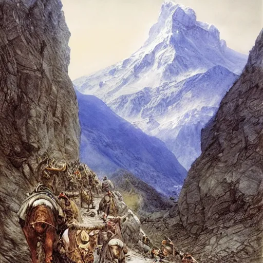 Prompt: carthaginians crossing the alps, alan lee