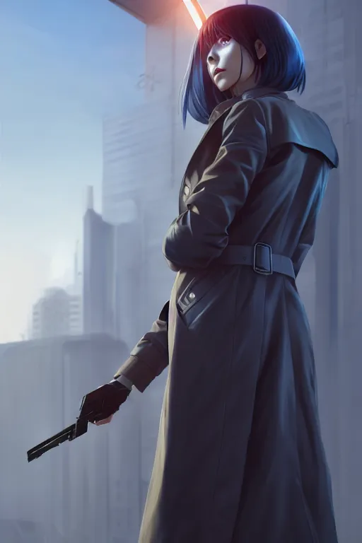 Image similar to realistic render of a cyborg - girl wearing a long trench coat by ross draws, futuristic dystopian city by ilya kuvshinov, digital anime art by ross tran, composition by sana takeda, lighting by greg rutkowski