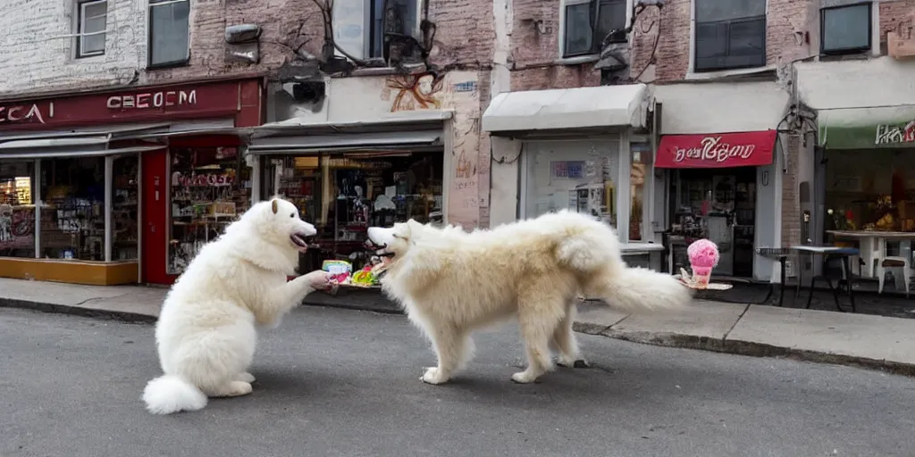 Prompt: a samoyed eating ice cream in front of a store, looks very enjoyable