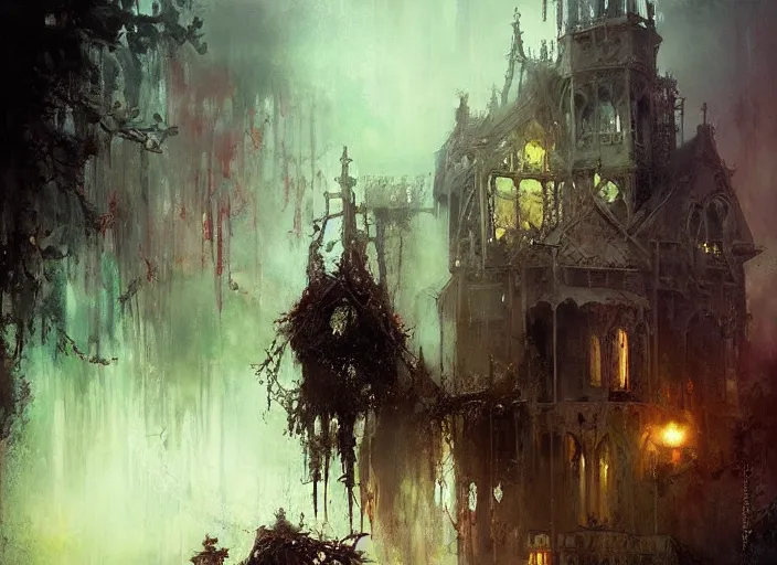 Image similar to gothic mansion, ornate, magical, artwork, paint, complimentary colors, bastien lecouffe - deharme, by jeremy mann