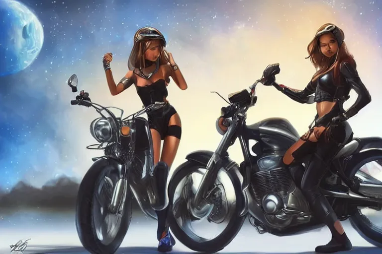 Prompt: a girl is riding a motorbike, the space background, digital painting by artgerm hyperdetailed trending on artstation trending on deviantart