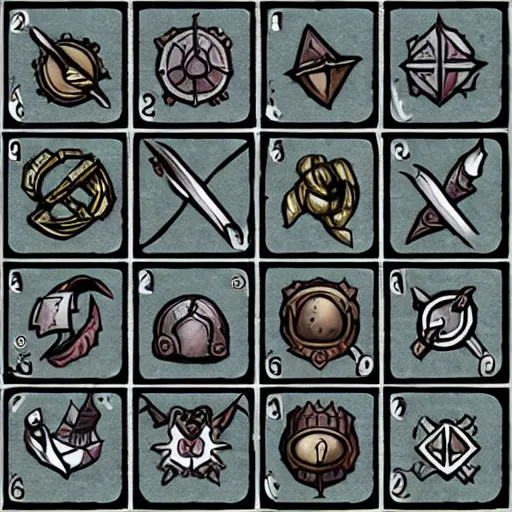 Prompt: Set of 9 2d game icons hand drawn skill and spell effects icons for fantasy rpg games