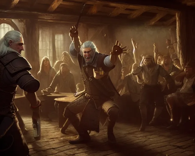 Prompt: 5 5 mm portrait photo of geralt of rivia dancing in a tavern. magical atmosphere. art by greg rutkowski. highly detailed 8 k. intricate. lifelike. soft light. nikon d 8 5 0.