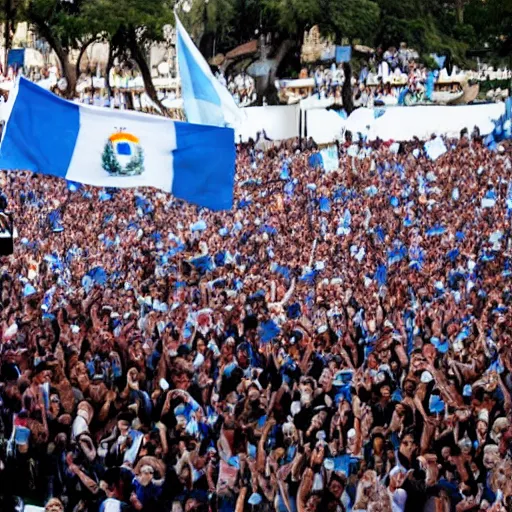 Image similar to Lady Gaga as president, Argentina presidential rally, Argentine flags behind, bokeh, giving a speech, detailed face, Argentina