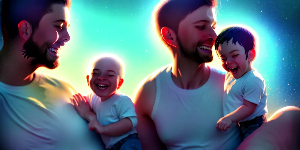 Image similar to epic professional digital art of a happy baby boy with his two fathers, best on artstation, cgsociety, wlop, cosmic, epic, stunning, gorgeous, much detail, much wow, masterpiece, backlight