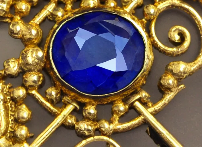 Image similar to close up of a gold and sapphire key, high detail, complex