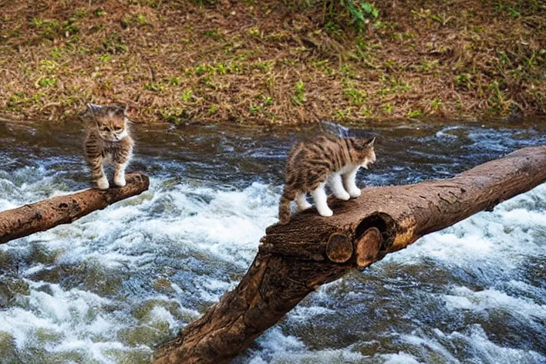 Image similar to kittens walking on a log that crosses a river