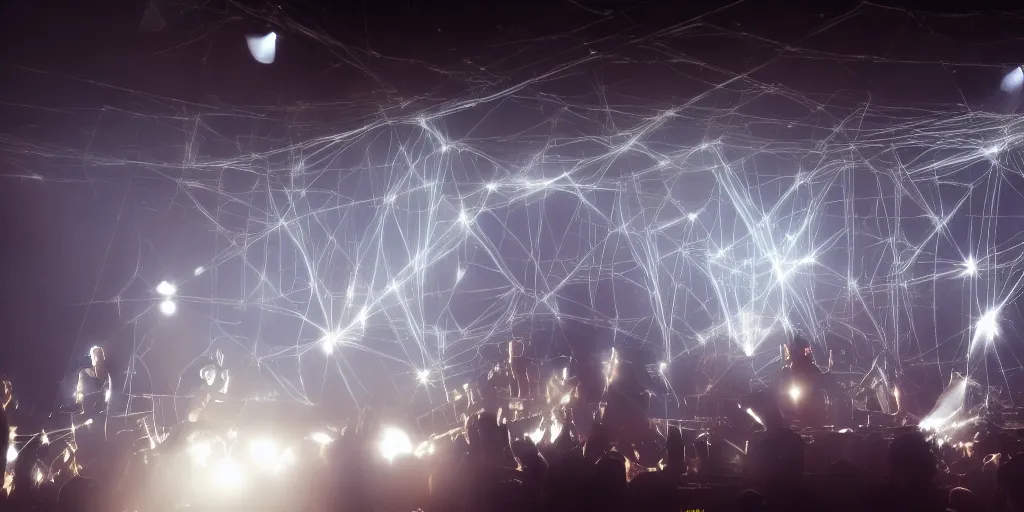 Image similar to Thom Yorke singer songwriter, Radiohead group of people on stage playing instruments, elaborate stage effects, dust, smoke, giant LED screens, colored projections, ultrafine detail, glowing thin wires, smoke, high contrast, projections, a screenshot by David Gilmour Blythe, holography, tesseract, volumetric lighting, anamorphic lens flare