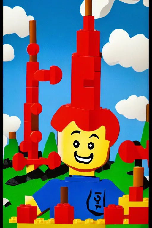 Prompt: a little cartoon boy with red hair builds a tower out of lego. clean elegant pretty cartoon painting, beautiful detailed face, soft outlines.