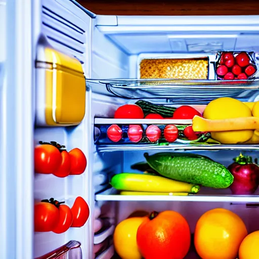 Image similar to fridge full of food, highly detailed, high quality, HD, 4k, 8k, Canon 300mm, professional photographer, 40mp, lifelike, top-rated, award winning, realistic, sharp, no blur, edited, corrected, trending