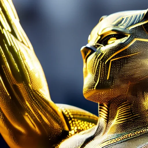 Image similar to a close up photo of a detailed golden statue of Black Panther, 8K,