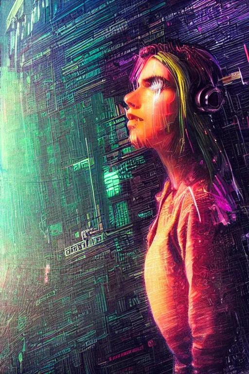 Prompt: fisheye portrait, digital painting, an beautiful, crazy hacker girl, lost in broken code, synthwave, glitch!!, fractured reality, refraction, realistic, hyperdetailed, night rain, wet, concept art, art by syd mead, cubism