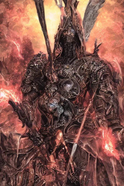 Image similar to Path of Exile, Sirius, clear [bronze] face mask, luminous red eyes, male image with bronze black armor, sitting on the throne, inside the ruined gothic church, black shadows, red lasers, dark red bloody fog, black-grey smoky tornadoes fly around, [[blood]], Anachronism, painting, dark fantasy, steampunk, 4k, perfect quality,