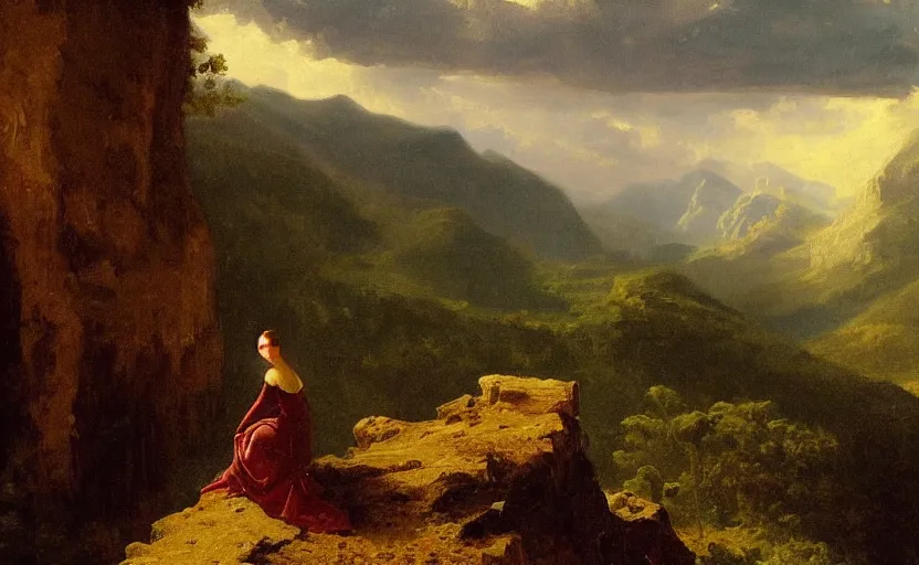 Prompt: a painting of a woman!! aristocrat overlooking a deep valley!! style of Albert Bierstadt, high details, moody lighting, atmospheric