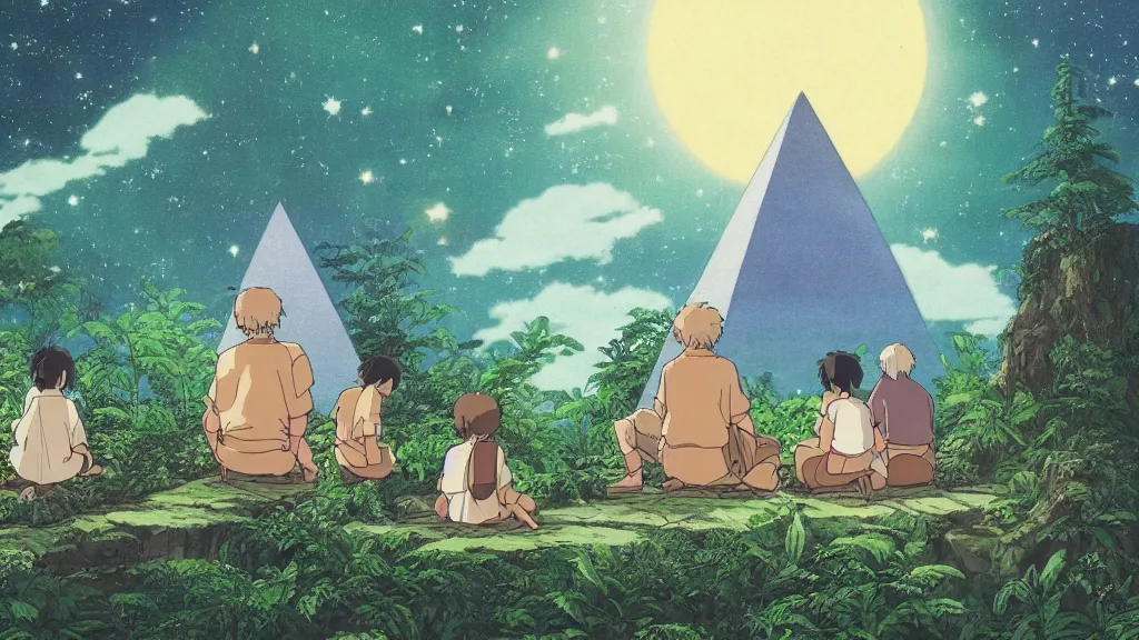 Image similar to a movie still from a studio ghibli film showing a glowing pyramid in the rainforest. a group of giant wizards meditate outside on a misty and starry night. by studio ghibli