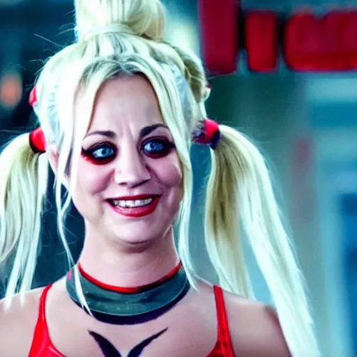 Prompt: A still of Kaley Cuoco as Harley Quinn in HBO Max's Harley Quinn (2019), smiling