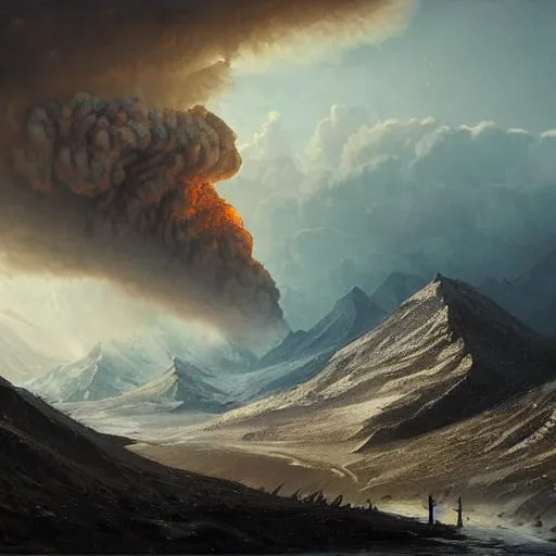 Image similar to an nuclear explosion in blizzardy mountains, Matte painting , detailed painting, greg rutkowski