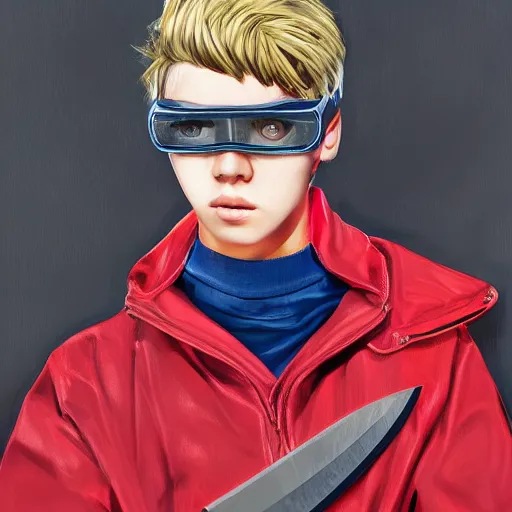 Prompt: a blonde teenager, goggles, red jacket, knife in his mouth, knife in right hand, knife in his left hand, photorealistic, hd, high details, detailed portrait