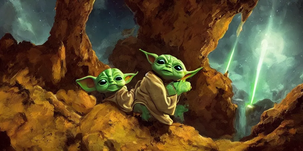 Prompt: Baby Yoda, a rocky outcrop, a small bonfire, spaceship nearby, refined, dignified, style of rembrandt and ((don bluth)), bright natural light, saturated colors, very low energy
