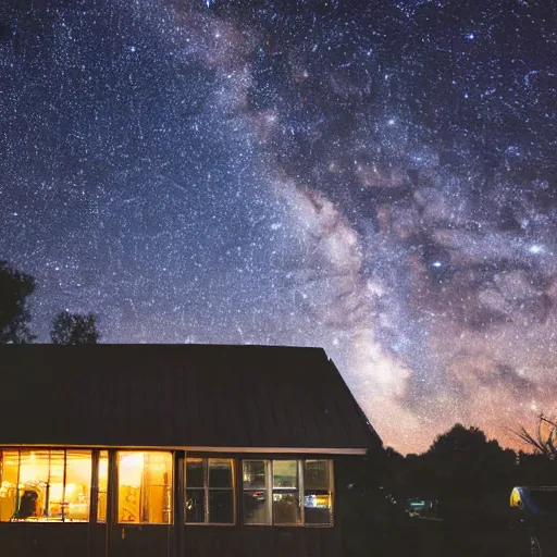 Prompt: late night diner, viewed from the outside, background milky way in the sky