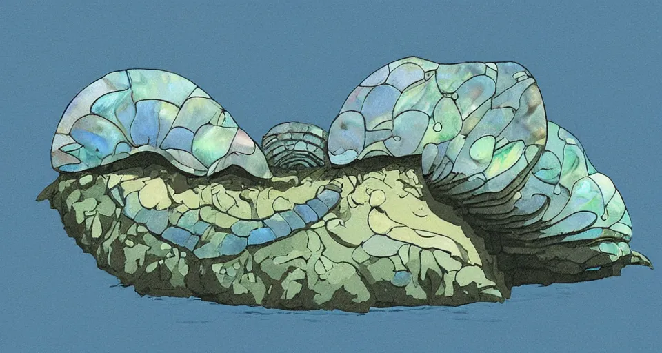 Image similar to painting of a giant abalone - shaped seashell house in the ocean, by roger dean, john harris, cell shaded graphics, concept art, minimalist