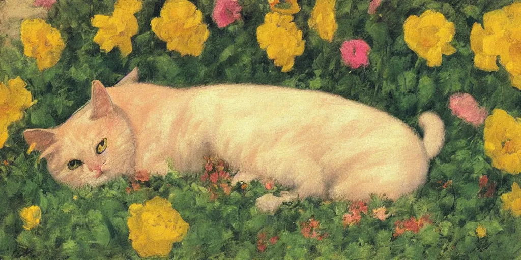 Prompt: vintage beautiful painting of a fat yellow cat in a flower garden in mary cassatt style