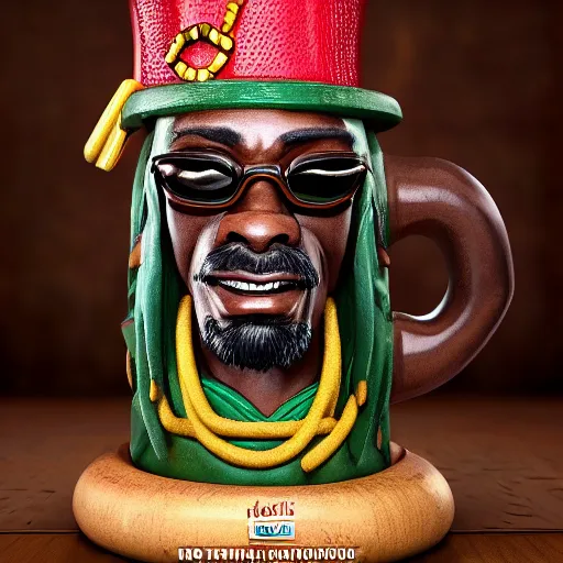 Image similar to a photorealistic photograph of a Trader Vic's tiki mug featuring Snoop Dogg at a Tiki bar - Trending on Artstation, featured on Behance, well-rendered, Unreal Engine, 4K HD