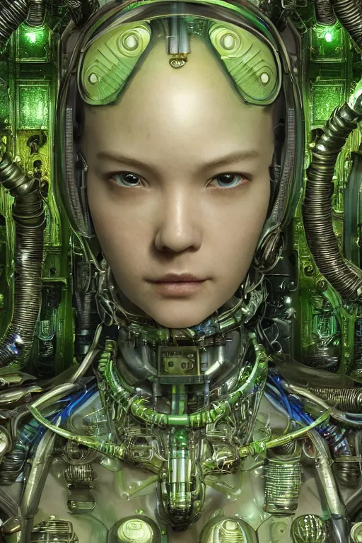 Prompt: Portrait of a biopunk sci-fi cyborg, third person, D&D, sci-fi fantasy, tubes and tanks and bulkheads, intricate, green and gold, highly detailed, art by Range Murata, highly detailed, 3d, octane render, bright colors, digital painting, trending on artstation, sharp focus, illustration style of Stanley Artgerm, background in a cinematic