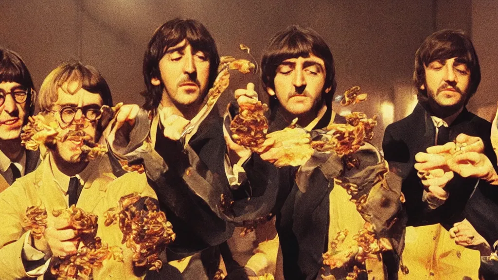 Prompt: The Beatles!!! drown in honey! in the kitchen, film still from the movie directed by Denis Villeneuve with art direction by Salvador Dalí, wide lens