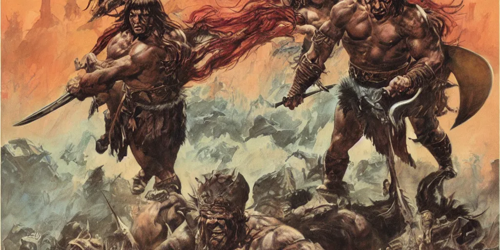 Image similar to conan the barbarian, joe jusko, frank frazetta, robert e howard, book cover, illustration, muted colors