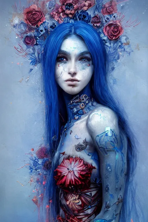 Image similar to portrait of beautiful young maiden, warhammer, cyber style, more and more cyberpunk, a lot of more scars, more and more flowers, blue head, some red water, the middle ages, highly detailed, artstation, illustration, artgerm sylvari portrait, 8 k quality, art by alfred kubin