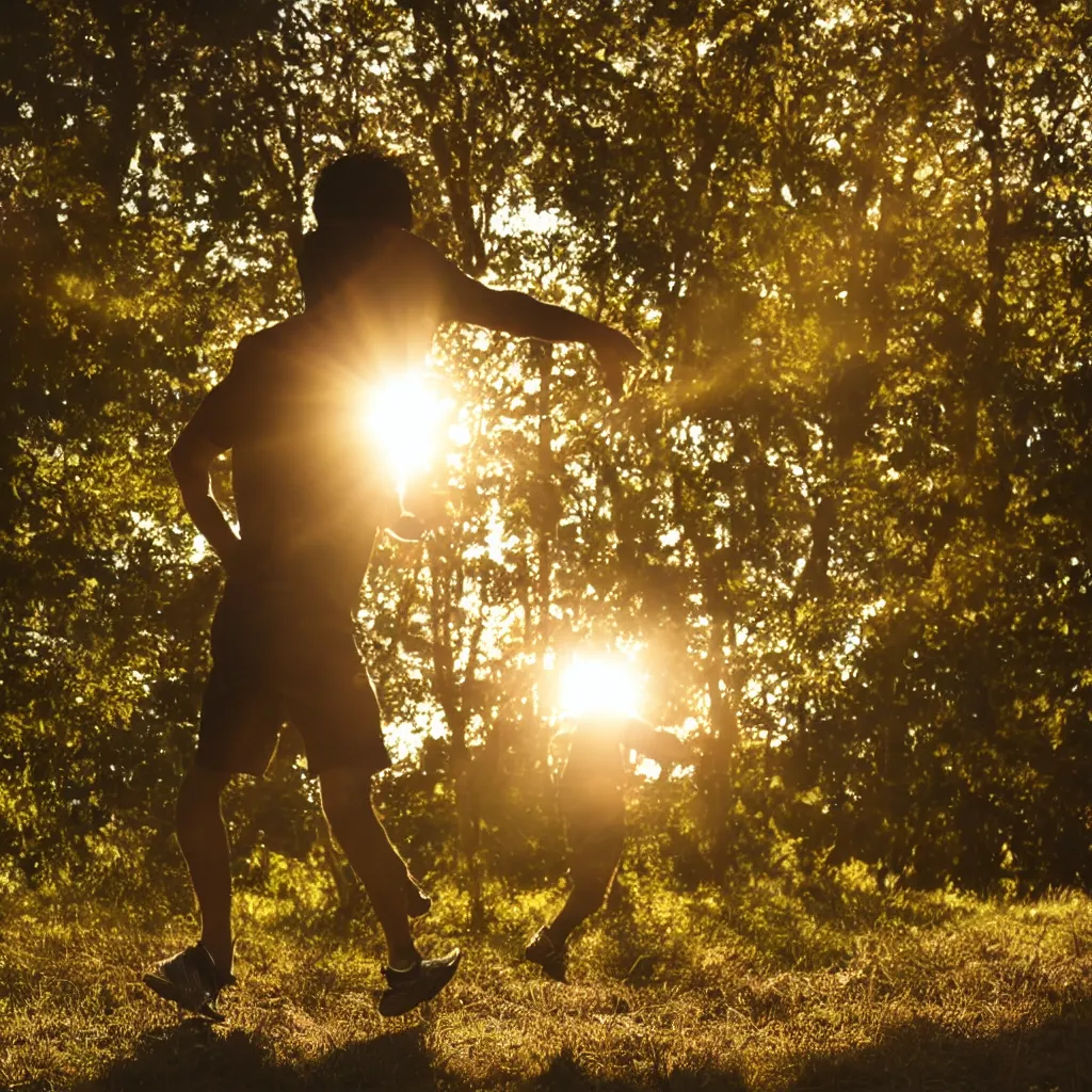 Prompt: a man running into the sunshine, close up cinematic shot