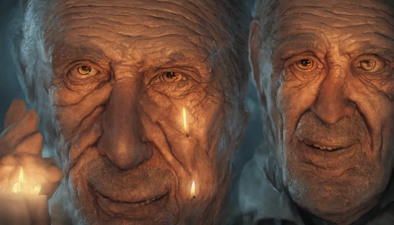 Prompt: an epic fantastic realism comic book style painting of an extreme closeup of the oldest man in the world, candlelight, 8 k, ultra realistic, lens flare, atmosphere, glow, detailed, intricate, full of colour, cinematic lighting, trending on artstation, 4 k, hyperrealistic, focused, extreme details, unreal engine 5, cinematic, masterpiece