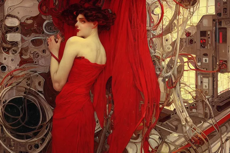 Prompt: symmetric, a dreamy woman in a red dress holding a brain and neurons, in a room full of wires and computers and neural networks, realistic face, sci - fi, ai, 4 k realistic, artem demura. alphonse mucha.