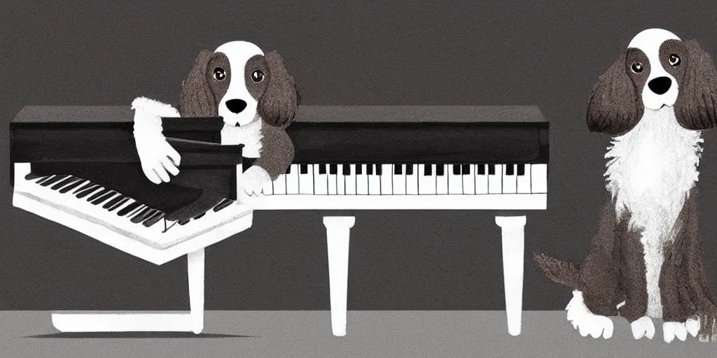 Prompt: cute a brown and white Spaniel playing a grand piano, illustration, b&w, fantasy