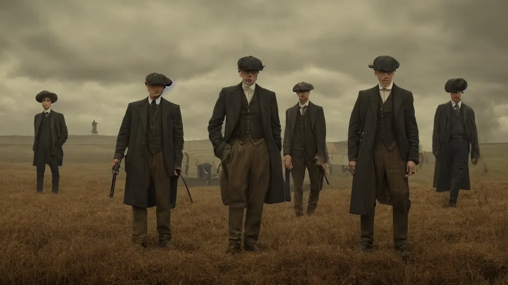 Image similar to the peaky blinders with peanuts heads, film still from the movie directed by denis villeneuve with art direction by zdzis