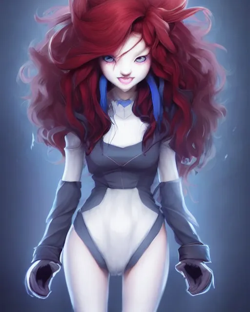 Image similar to character concept art of a dark grey anthropomorphic furry wolf with long red hair blue eyes | | cute - fine - face, pretty face, key visual, realistic shaded perfect face, fine details by stanley artgerm lau, wlop, rossdraws, james jean, andrei riabovitchev, marc simonetti, and sakimichan, artstation