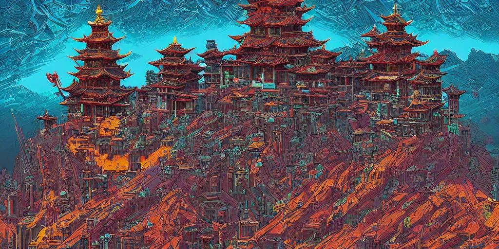 Image similar to Cyberpunk Dzogchen Mountain Temple, by Kilian Eng and Dan Mumford