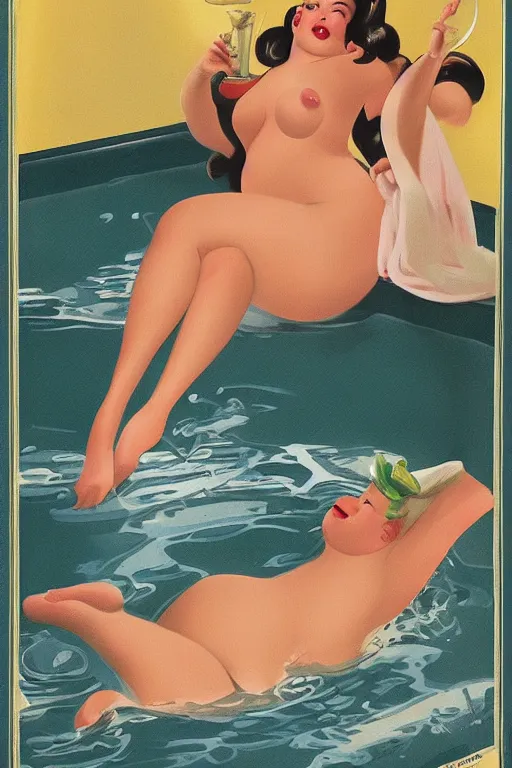 Prompt: a seductive hippo in a hot tub in the style of Gil Elvgren and Alberto Vargas