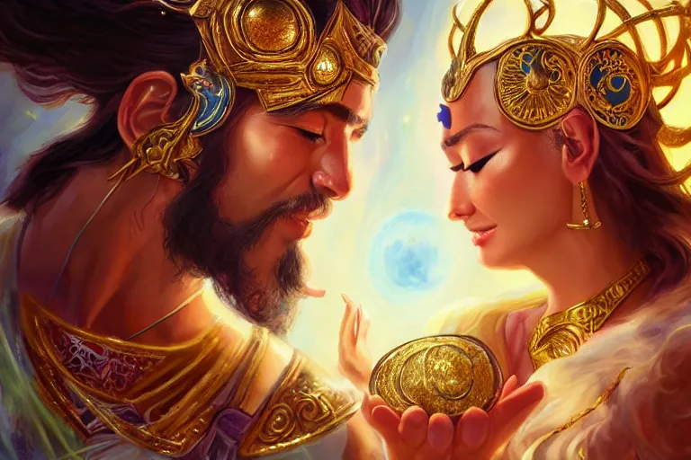 Image similar to close up moment of a divine a sun god and a moon goddess lovers magician at a wedding banquet, highly detailed, d & d, fantasy, highly detailed, digital painting, trending on artstation, concept art, sharp focus, asian feature, illustration, art by artgerm and daniel gerhartz and magali villeneuve