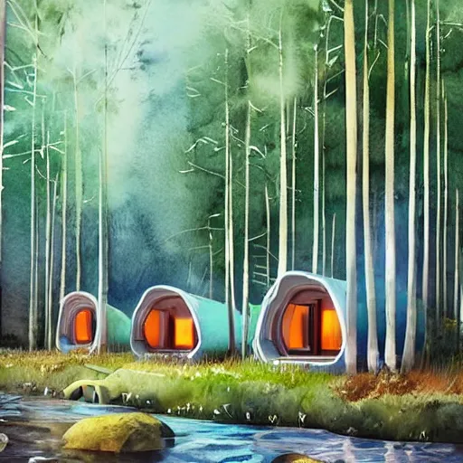 Prompt: beautiful happy picturesque charming organic sci - fi town with pod homes integrated in a forest area. water and trees. beautiful light. soft colour scheme. beautiful artistic detailed watercolor by lurid. ( 2 0 2 2 )