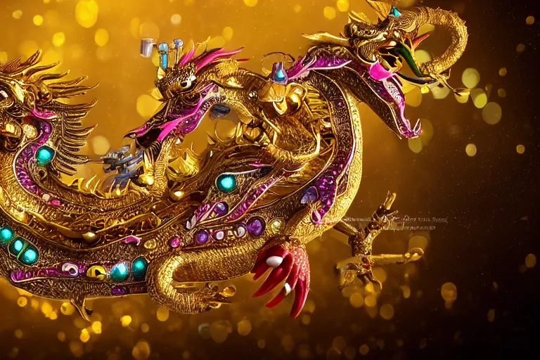 Image similar to cinematic shot of a miniature gold and silver chinese dragon intricately decorated with colorful jewels, detailed textures, midnight city lights, strong bokeh, dramatic lighting, unreal engine, cgsociety, artstation, 4k