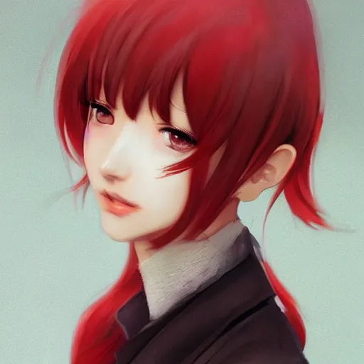 Image similar to kurisu makise, elegant, ultra highly detailed, digital painting, smooth, sharp focus, artstation, top-down shot, red background, art by Ina Wong