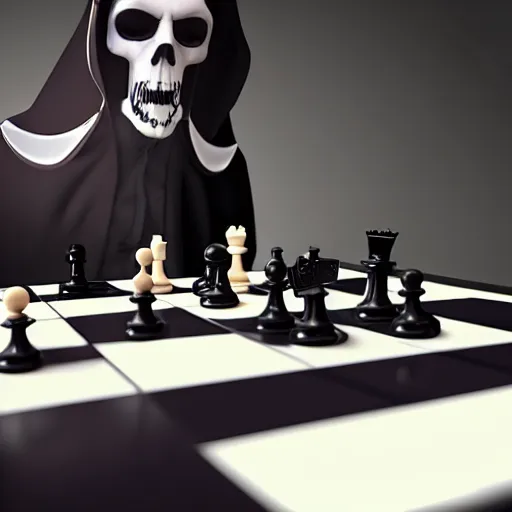 Image similar to grim reaper playing chess with cat 8 k, ultra realistic, unreal engine 5