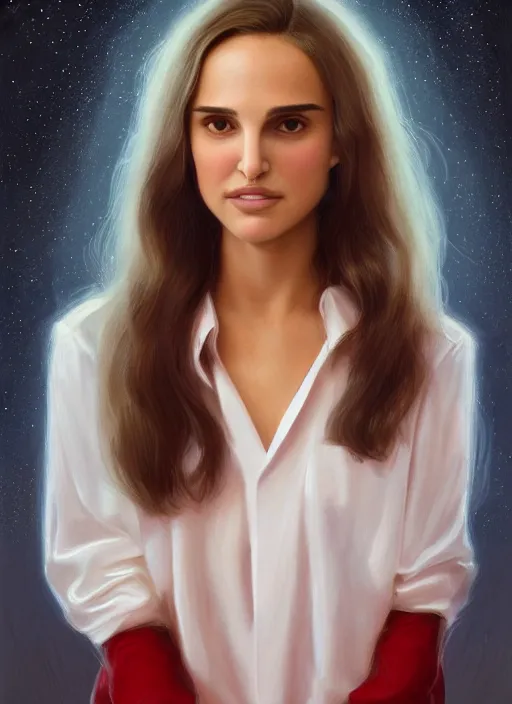 Image similar to portrait of teenage natalie portman, long haircut, flowing dark hair, white shirt, red tie, smiling kindly, forest at background, 1 9 8 0 s, intricate, elegant, glowing lights, highly detailed, digital painting, artstation, concept art, smooth, sharp focus, illustration, art by wlop, mars ravelo and greg rutkowski